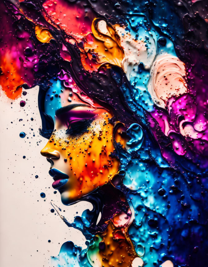 Colorful Woman's Face Blended with Multicolored Paint Splashes