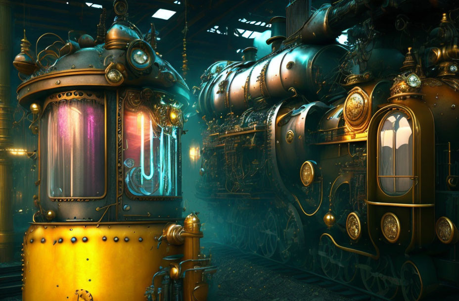 Ornate Steampunk Train Station with Brass Engines