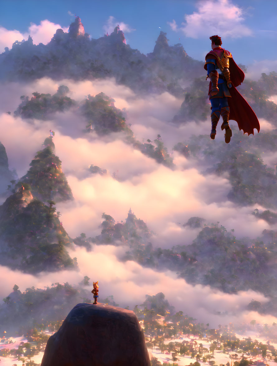 Caped hero and companion admire misty mountain landscape at dawn