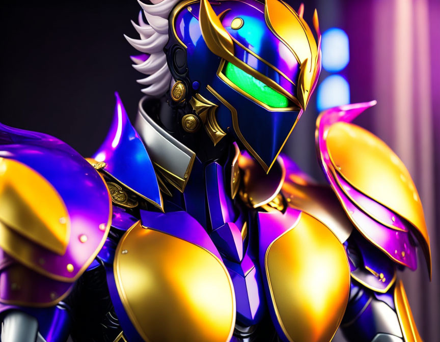 Vibrant armored figure with golden chestplate, purple shoulder pads, blue helmet, and white mane