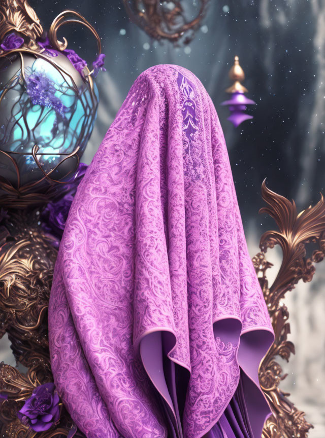 Purple draped figure with intricate patterns and bronze structure in snowfall.