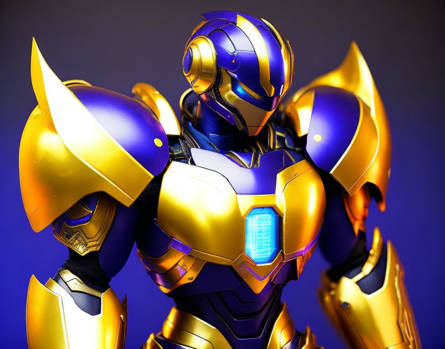 Detailed Metallic Blue and Gold Robot Figure Close-Up on Blue Gradient Background