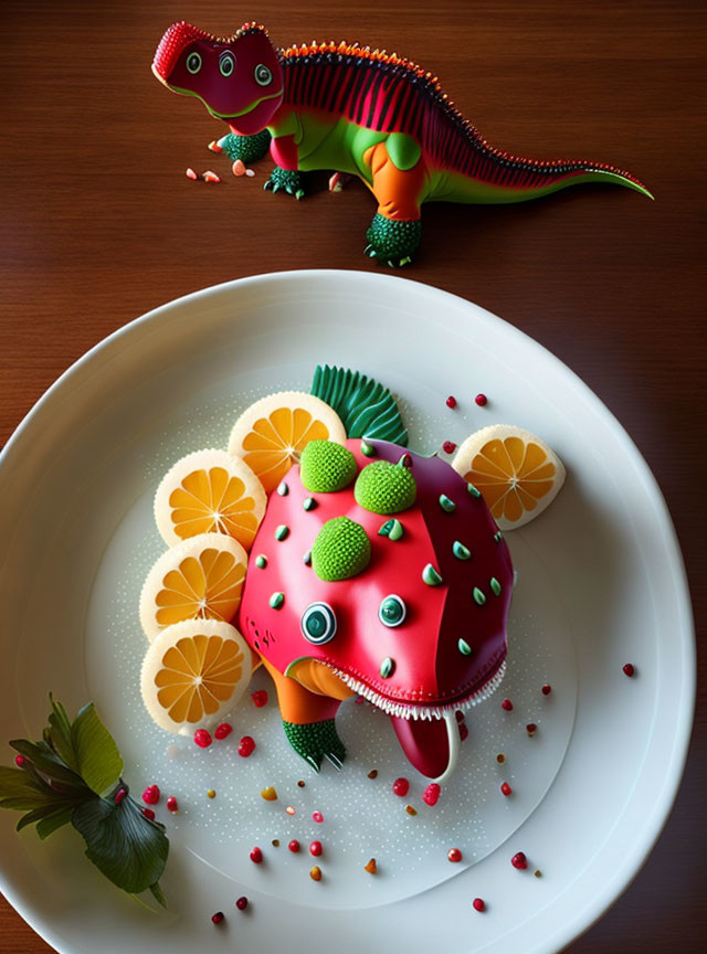 Whimsical sea creature dessert with citrus slices, herbs, and toy dinosaur on wooden table