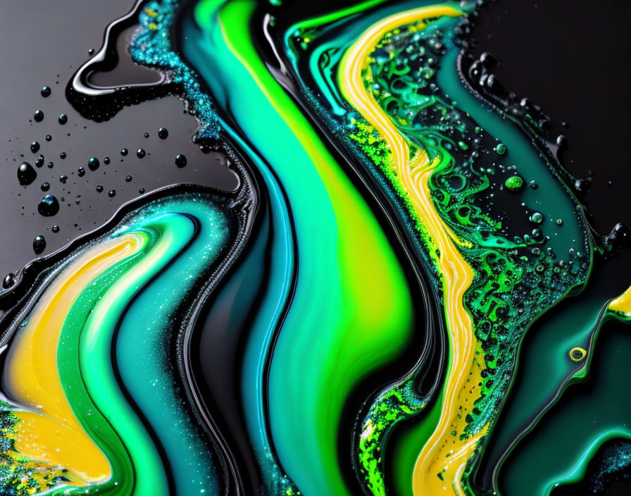 Vibrant green, yellow, and black swirls with glossy texture on dark backdrop