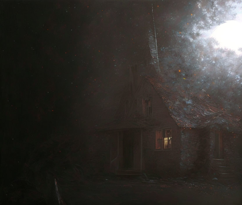 Mysterious house with celestial body in eerie setting