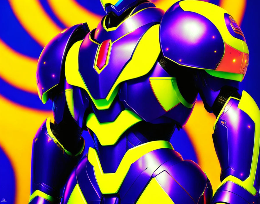 Colorful futuristic armored figure on swirling background