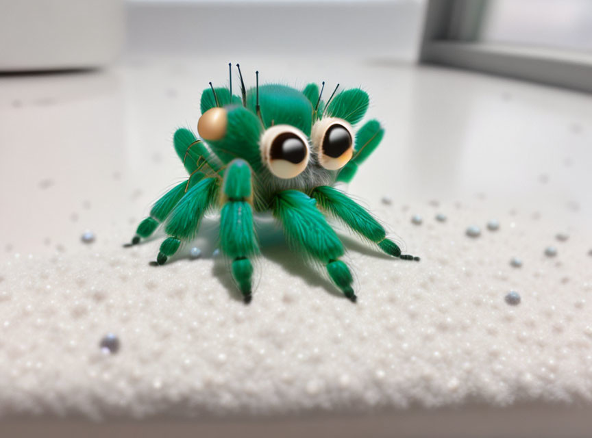 Fluffy Green Spider with Googly Eyes and Wire Antennae on White Surface