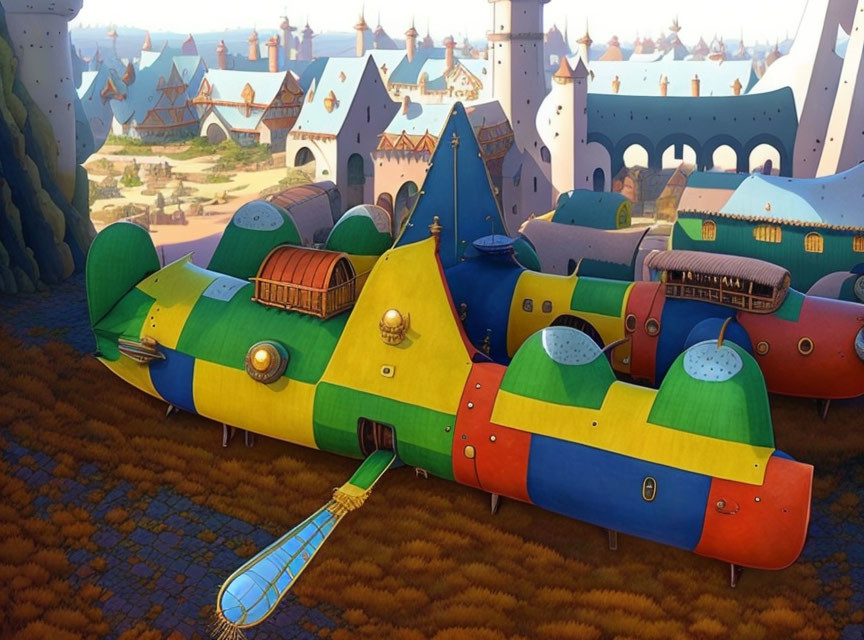 Colorful Animated Airship in Imaginative Medieval Town