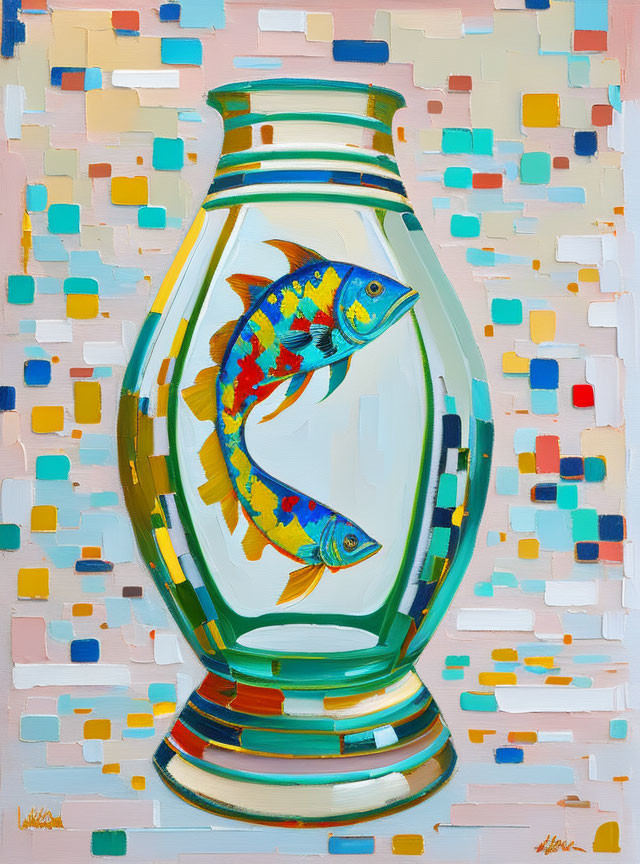 Vibrant Fish Painting in Transparent Vase on Abstract Pastel Squares