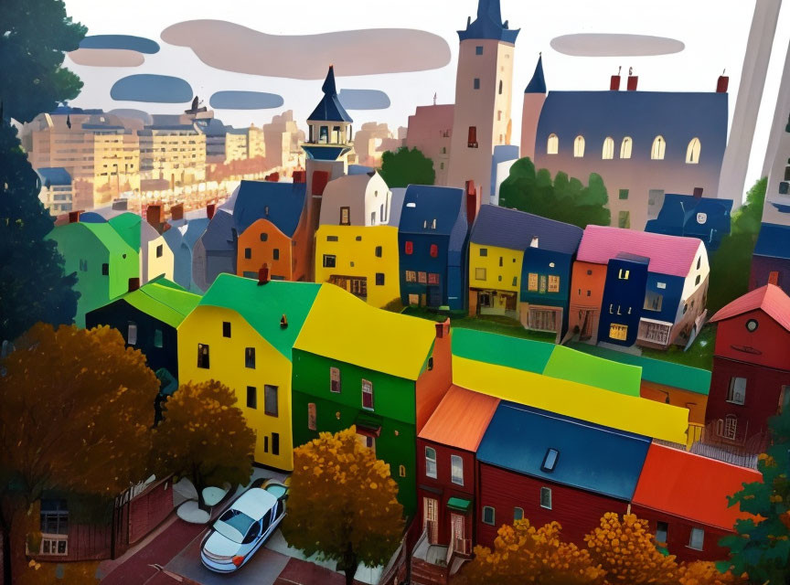 Vibrant town illustration with unique buildings, car, trees, and clouds