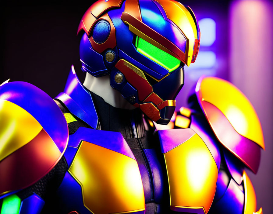 Futuristic armor with metallic plates and glowing visor on purple backdrop