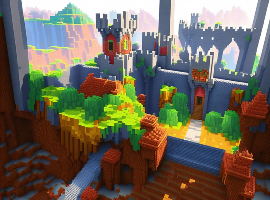 Colorful blocky video game landscape with castle, greenery, and water