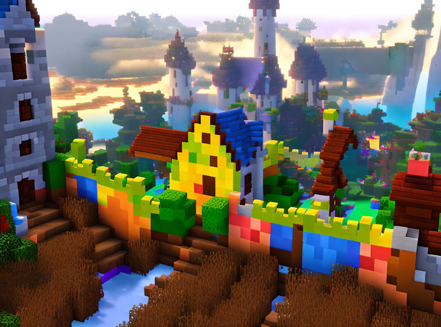 Colorful pixelated Minecraft landscape with fantasy village at dusk or dawn