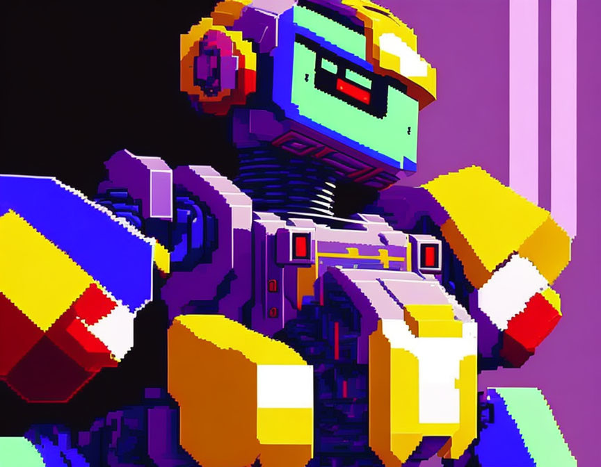 Pixelated robot art: blue head, yellow arms, red accents on purple backdrop