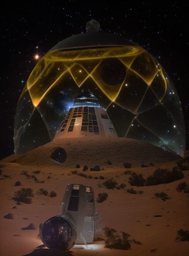 Futuristic dome structure in desert with starry sky and spacecraft.