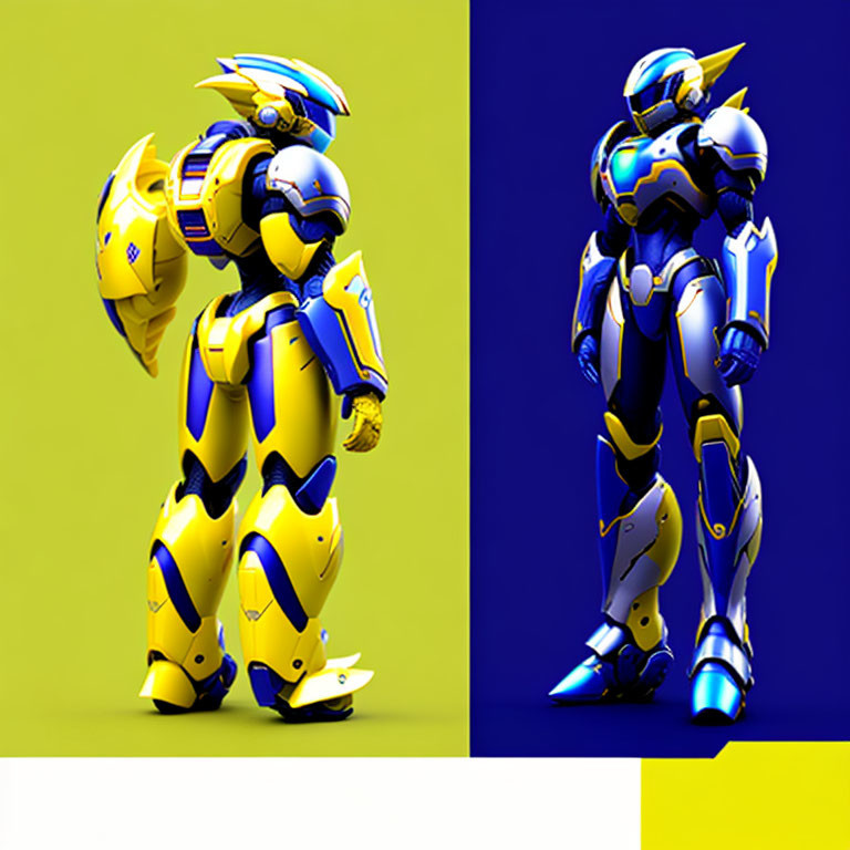 Stylized robotic figures in blue and yellow armor on yellow background