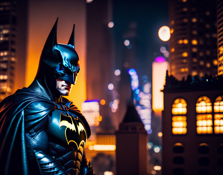 Costumed figure gazes over illuminated cityscape at night