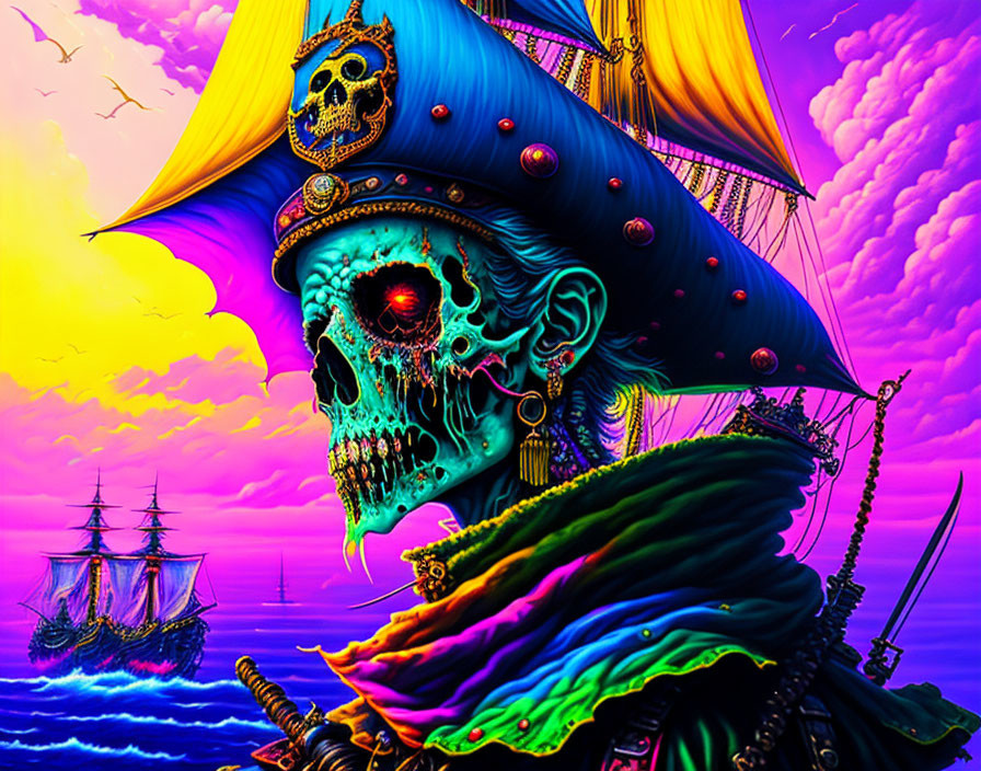 Detailed skeletal pirate with ship in purple and yellow sky