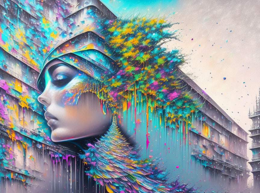 Colorful mural blending urban, futuristic, and nature elements