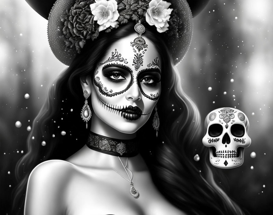 Monochrome Dia de los Muertos woman with skull and floral headpiece