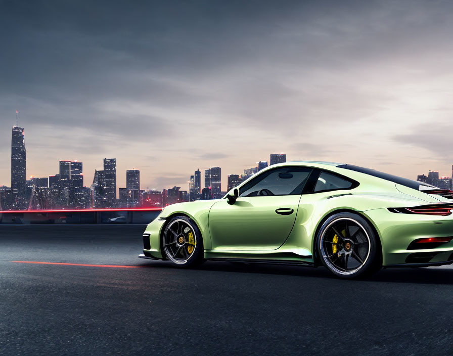 Lime Green Sports Car Parked on Asphalt Road with Blurred City Skyline