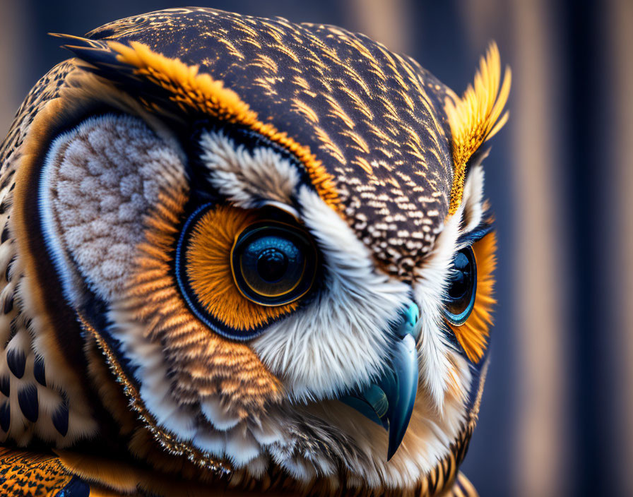 Vividly colored owl with orange eyes and intricate feathers