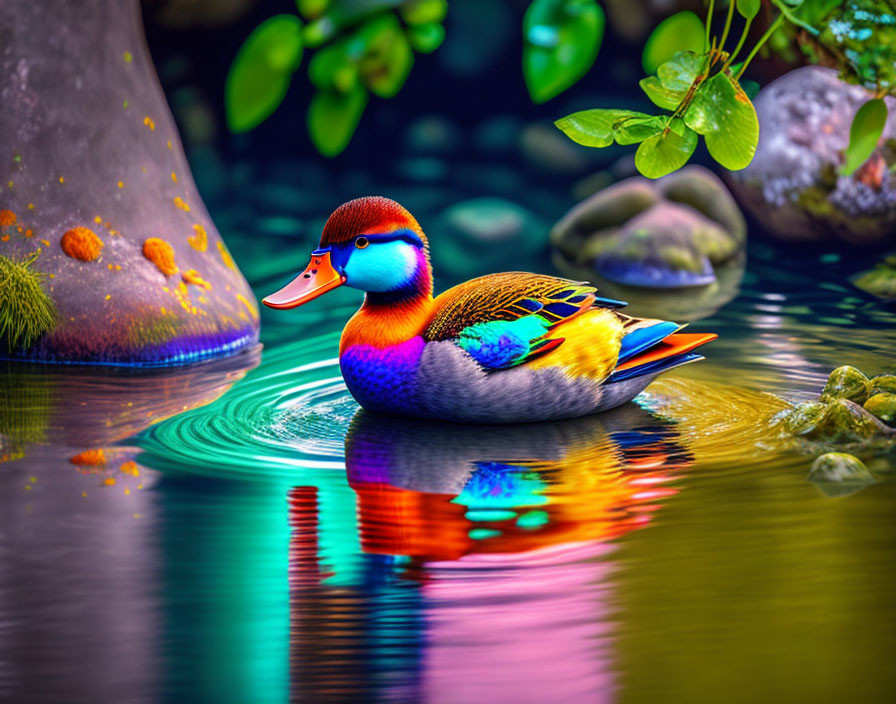 Colorful Mandarin Duck Swimming in Tranquil Water with Greenery and Rocks