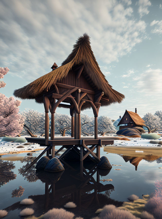 Thatched-roof hut near river with cherry blossom trees & blue sky