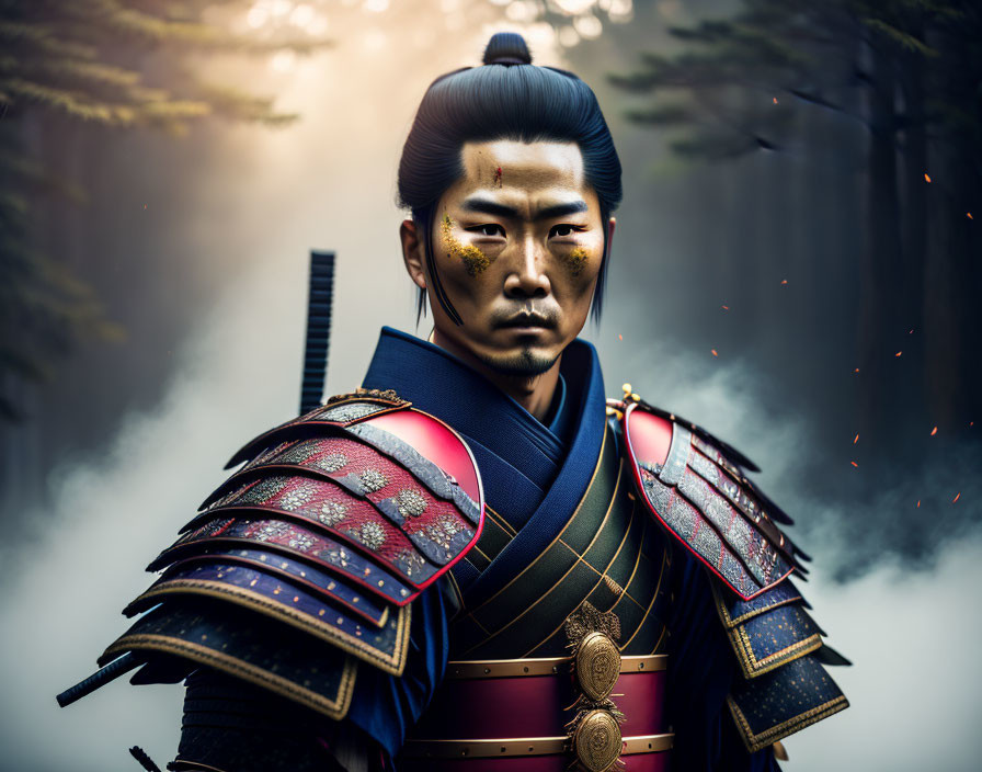 Traditional samurai in armor standing in misty forest with floating embers