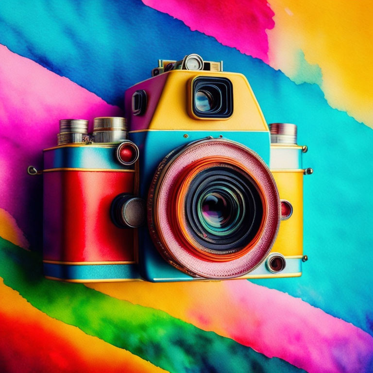 Colorful Retro-Style Camera with Three Lenses on Vibrant Tie-Dye Background