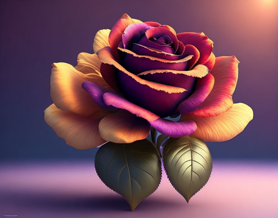 Vibrant multicolored rose with purple and gold hues on soft purple backdrop