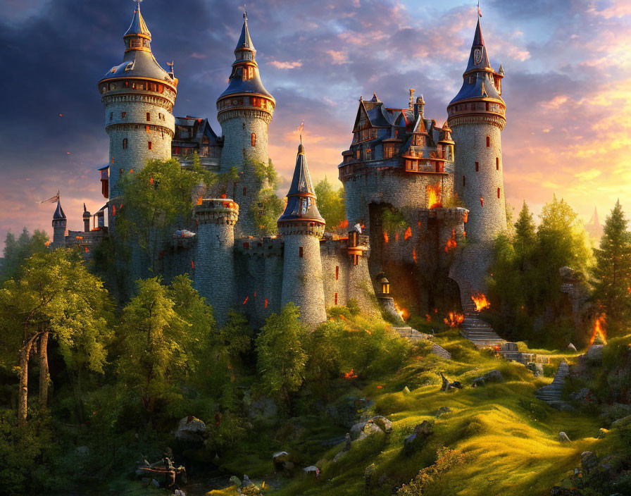 Majestic fantasy castle with spires in lush landscape at sunset