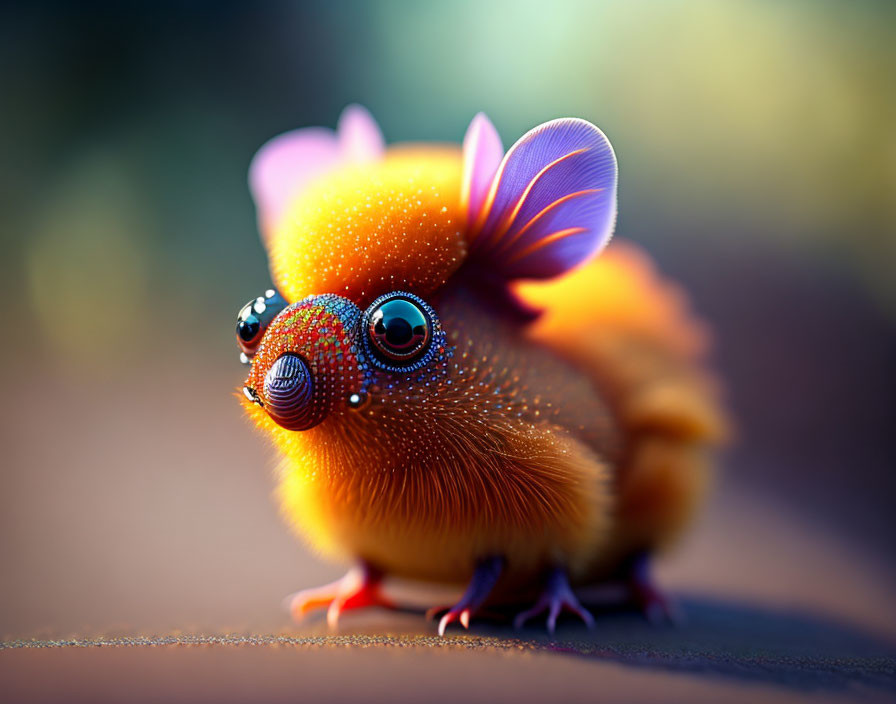 Colorful Creature with Orange Fur, Sparkly Eyes, Beak, and Purple Wings