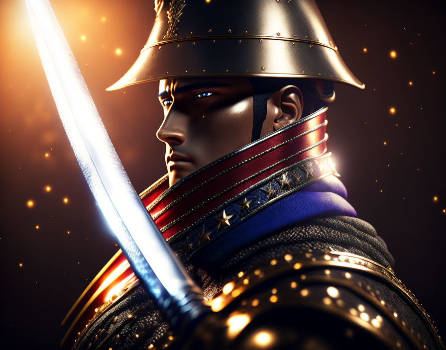 Futuristic samurai digital artwork with energy sword and ornate armor