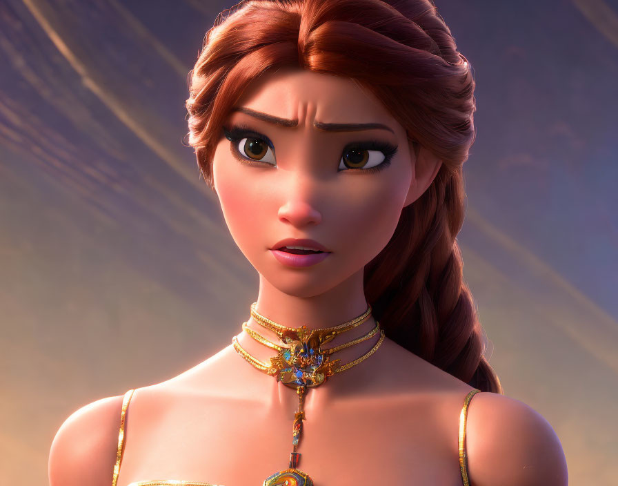 Animated character with braided hairstyle and golden necklace in warm lighting shows concerned expression