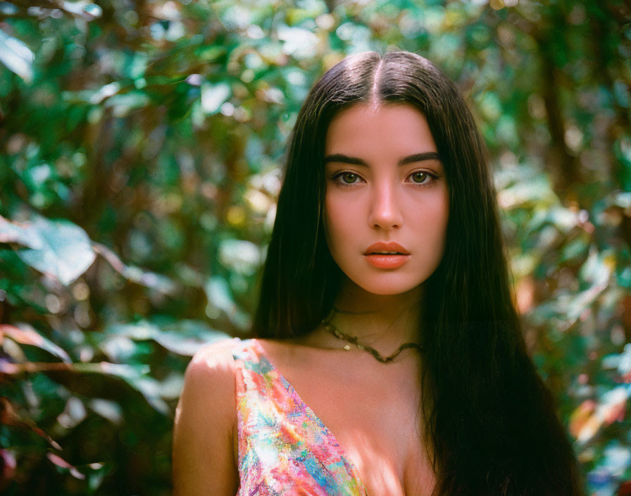 Dark-haired woman in colorful top surrounded by lush greenery