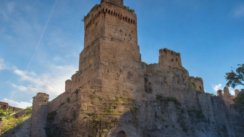 Medieval stone fortress with tall towers and sturdy walls under clear blue sky