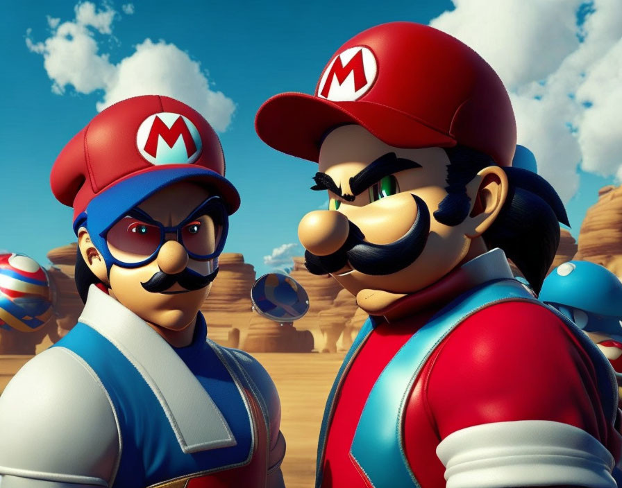 Two mustached characters in blue overalls and caps in a desert setting with blue shells.