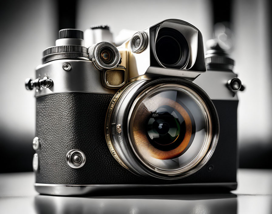 Vintage Camera with Large Lens and Viewfinder on Blurred Background