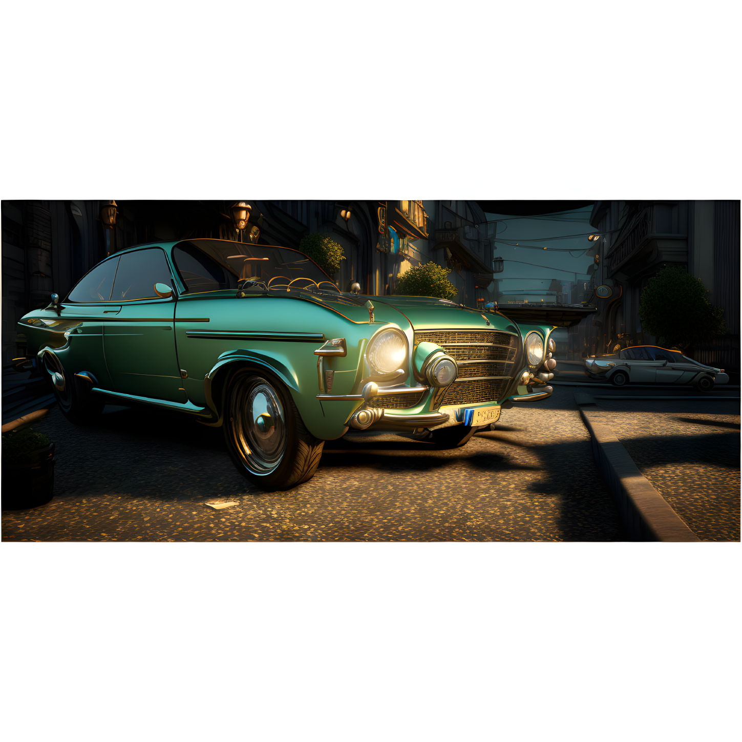 Classic Teal Car Parked on City Street at Night