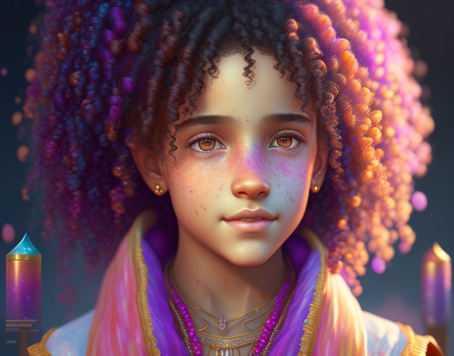 Young girl with curly hair and green eyes in magical lantern-lit setting