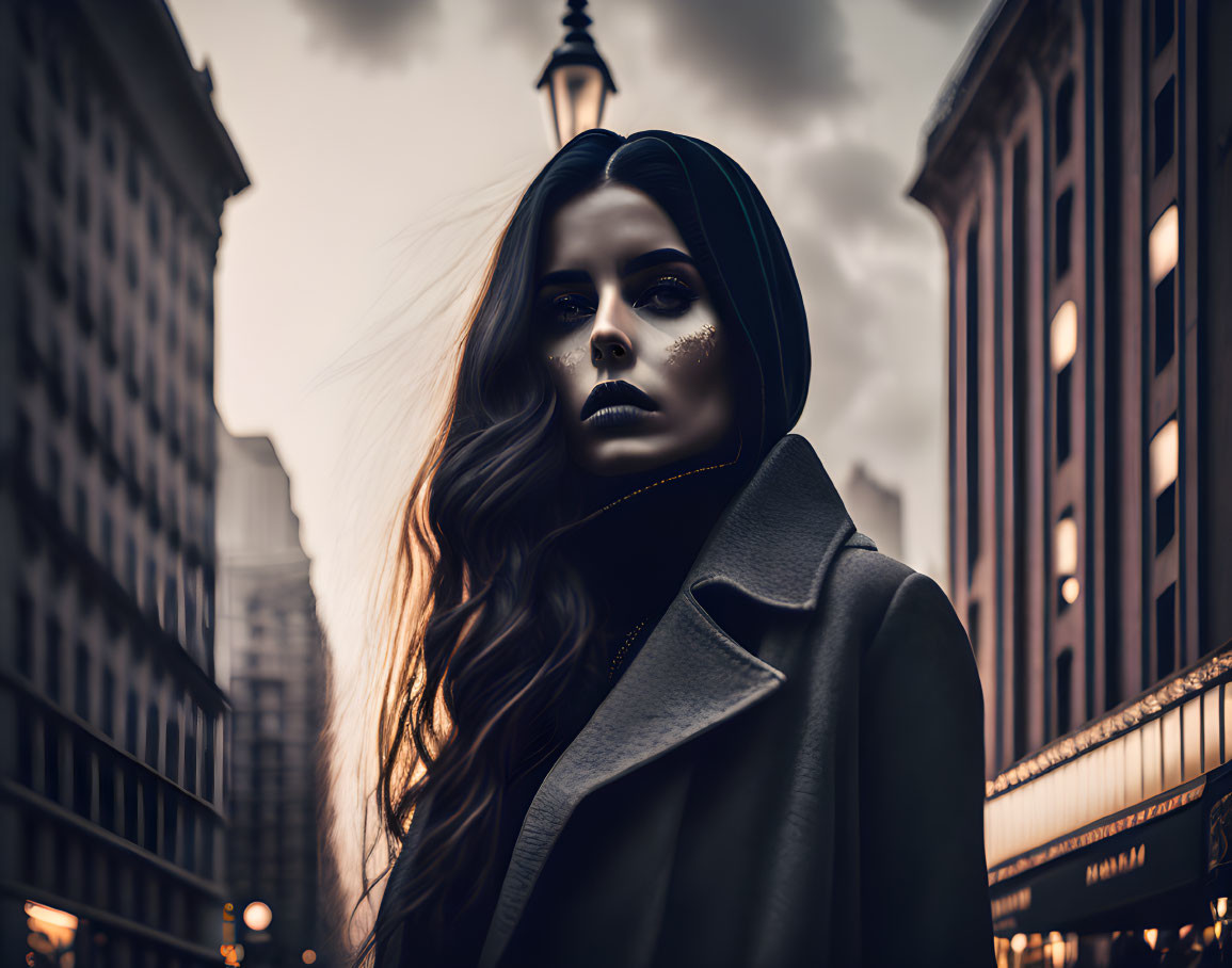 Woman in dark makeup and black outfit poses dramatically in urban setting