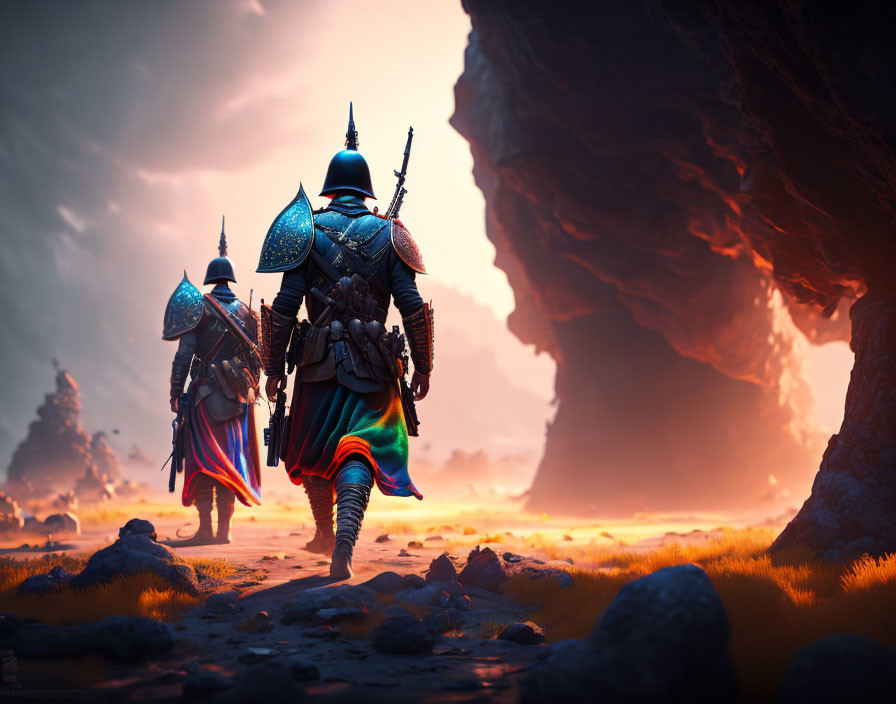 Armored knights exiting cave onto desolate battlefield at sunset