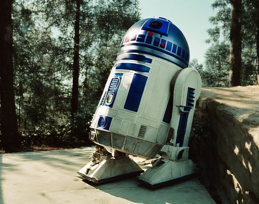 Star Wars R2-D2 droid on concrete path near stone ledge and trees