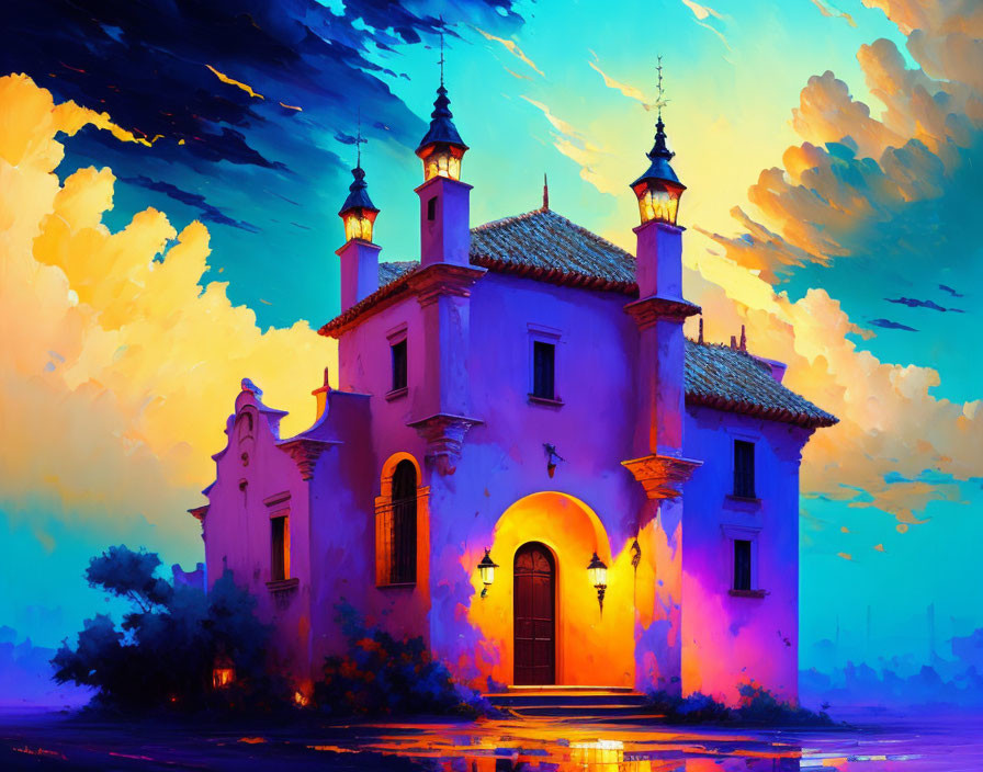 Colorful painting of Spanish-style building at dusk with warm glowing lights and dramatic sky