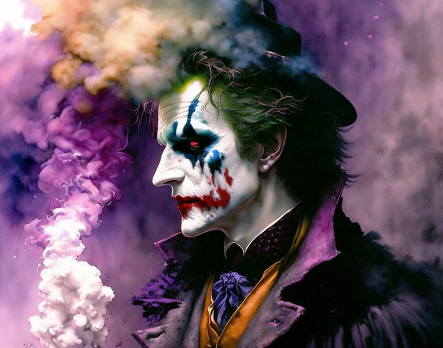 Colorful Smoke Surrounds Person in Clown Makeup with Top Hat