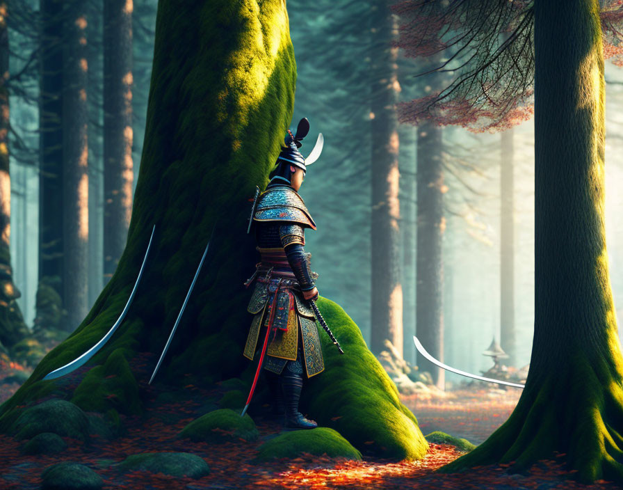 Samurai in traditional armor in misty forest with katana