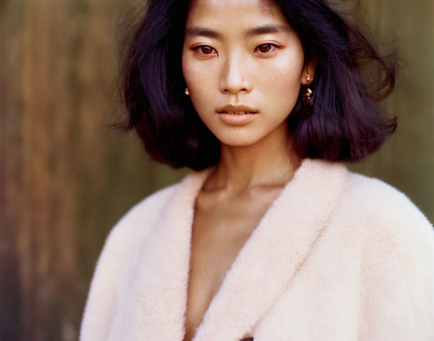 Woman with Dark Hair in Pale Pink Fluffy Coat on Blurred Wooden Background