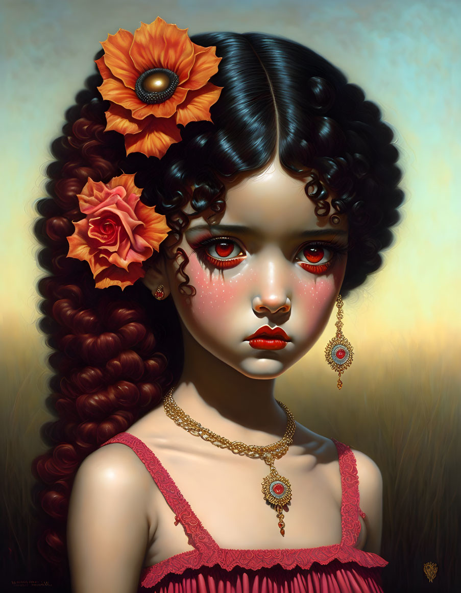 Portrait of girl with dark curly hair and floral adornments in red eyeshadow and gold jewelry