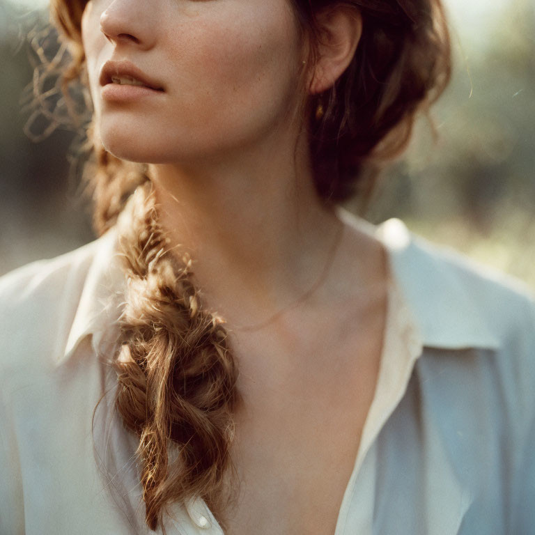 Braided hairstyle woman in light blouse under warm sunlight